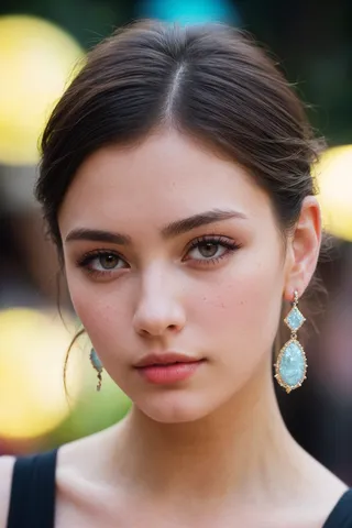Close-up portrait of an adult Spanish woman with light brown quiff hair, dark brown eyes, dark goth makeup, shiny skin, and blue gemstone earrings against a bokeh background.