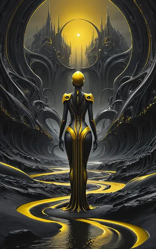 A futuristic figure with sleek yellow and black armor standing in a surreal river-lit valley under a yellow sunrise, surrounded by intricate dark structures.