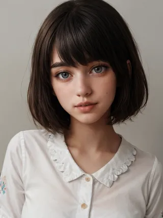 Portrait of a girl with black bob cut hair and grey eyes wearing a white frilled shirt with floral prints, showcasing detailed skin and intricate features.