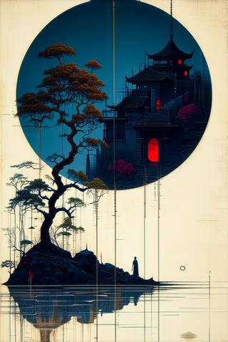 A surrealistic low fantasy scene featuring a large ancient tree and a dark Japanese pagoda illuminated with a red glow, with reflections on water in a wabi sabi style.