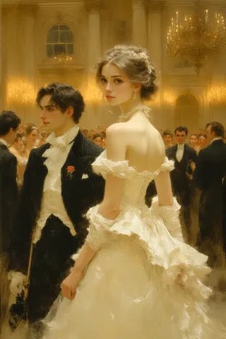 A finely dressed couple stands in a lavish ballroom with a golden candlelit ambiance. The woman wears an off-shoulder Victorian white dress and looks toward the viewer, while the man in formal black attire stands beside her, with guests and chandeliers in the background.