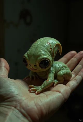 A small green alien creature with large round eyes and wrinkled skin, resting on an open palm, captured in a vintage analog film style photo.