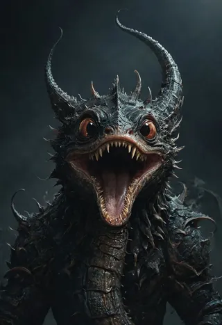 Closeup portrait of a dark dystopian lindworm with large horns, sharp teeth, and highly detailed textured scales in a hyperrealistic style.