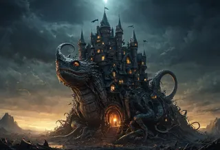 A hyperrealistic flying castle fused with a colossal dark dystopian lindworm, featuring detailed castle towers, warm glowing windows, and atmospheric dramatic lighting under a stormy sky.