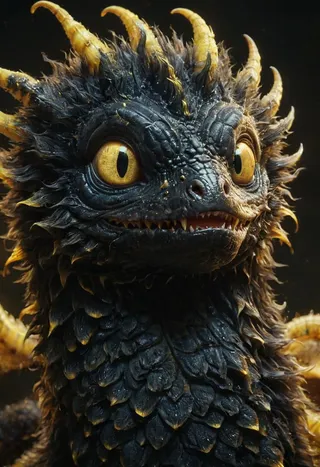 Hyperrealistic closeup portrait of a black and yellow fluffy dragonworm lindworm with detailed scales, big yellow eyes, and curved yellow horns against a dark background.