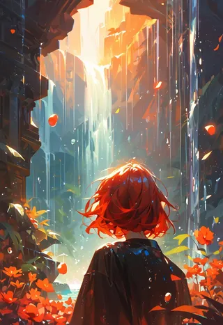 A person with bright red hair stands before a tall, glowing waterfall surrounded by red flowers, illuminated by misty sun shafts in an evening setting.