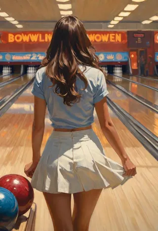 Realistic painting of an Argentine woman bowling in a miniskirt, viewed from behind in a bowling alley with cinematic lighting and dynamic action.