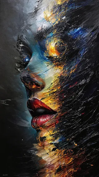 Hyper realistic abstract portrait of a female face rendered with multilayered acrylic paint, displaying dramatic lighting and vibrant texture.
