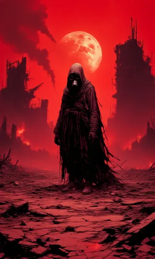A lone figure in tattered robes and a gas mask stands in a desolate apocalyptic wasteland under a crimson sky with a large moon, surrounded by ruins and smoke.