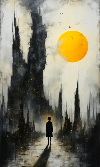 A lone figure stands in a dark, desolate cityscape with towering crumbling skyscrapers and a bright yellow sun in the sky, in the style of Mab Graves with scrapbooking textures.