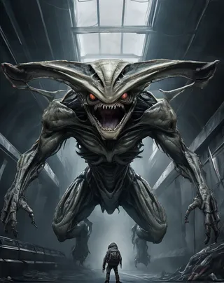 A large alien creature with hammerhead skeleton features, red eyes, sharp teeth, and detailed hardened skin, climbing a wall in a dark futuristic corridor, facing a lone astronaut.