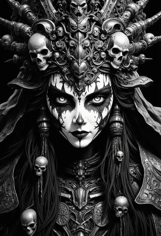 Portrait of a female shaman wearing an ornate skull-themed helmet with black and white skull face paint, glowing eyes, and detailed dark armor in monochrome high-contrast style.