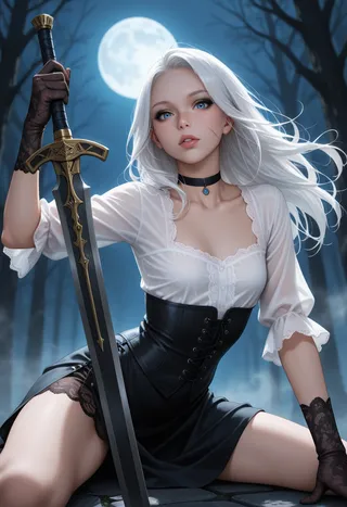 A white-haired young woman with blue eyes and an eye scar, dressed in a white blouse and black corset, holding a large ornate sword in a dark forest under a full moon.