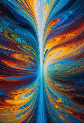 Colorful impasto-style abstract artwork featuring swirling blue, orange, and yellow patterns forming a holographic cascade effect with ultra sharp focus.