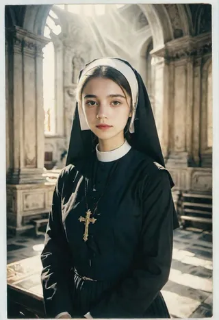 A 22-year-old nun in a black habit stands inside a rococo church illuminated by sunburst light, captured with a vintage analog photo effect and visible film grain.