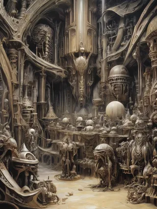 A highly detailed, biomechanical fantasy scene inspired by HR Giger and The Dark Crystal, featuring intricate alien architecture and eerie Garthim figures.