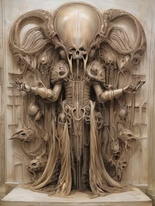 A biomechanical skeletal figure inspired by HR Giger's style, depicting Aughra from The Dark Crystal with intricate surreal and fantasy elements.