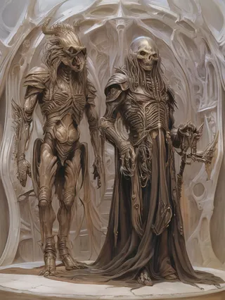 Biomechanical skeletal Skeksis and Aughra characters from The Dark Crystal, rendered in a surreal style inspired by HR Giger featuring detailed armor and organic textures in muted tones.