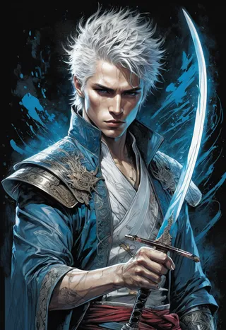 Hyper-realistic portrayal of powerful Vergil with silver hair, holding a glowing katana and surrounded by stormy dark magic aura and dramatic lighting.