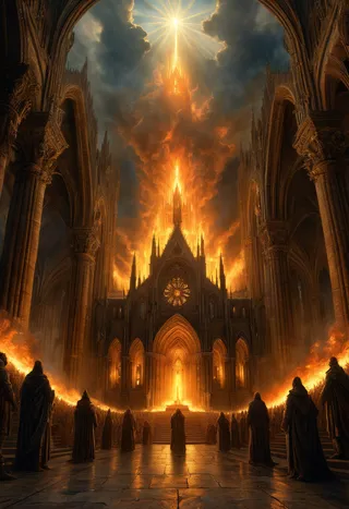 A glowing cathedral illuminated by divine light rises amid burning skies, with robed figures standing inside a gothic architectural structure in an apocalyptic fantasy scene.