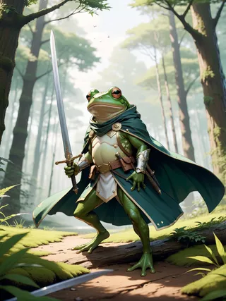 Anthropomorphic frog swordsman wearing a detailed cloak and armor, holding a sword in a forest battlefield setting