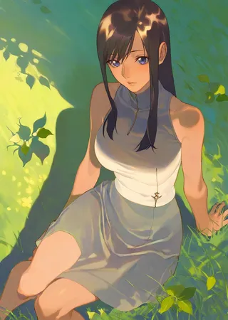 Anime styled girl with beautiful eyes and bangs sitting on grass with sunlight and leaf shadows creating artistic light interplay.