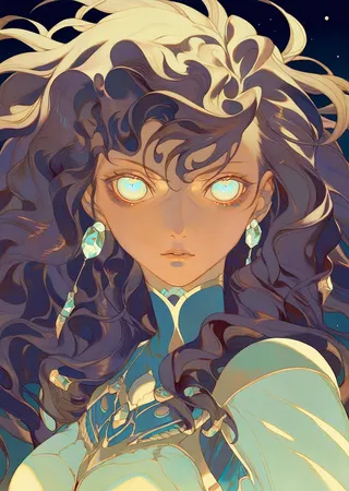 Close-up portrait of a retro futuristic woman with long curly hair, glowing eyes and gems, wearing ornate armor under moonlight with dramatic light and shadow interplay.