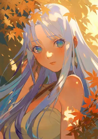 Portrait of a girl with beautiful blue eyes and long hair, illuminated by sunlight filtering through autumn leaves casting intertwining shadows.