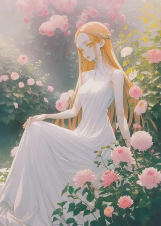 Elegant young woman with long flowing hair in a white dress sits gracefully among blooming pink roses in a sunlit garden, embodying femininity.