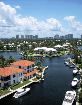 Aerial drone view of a Florida city featuring canals dividing land with modern mansions along the waterways, docked yachts, luxury high-rise apartments in the distance, palm trees, and a sunny blue sky with clouds.