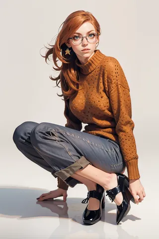 Full-body image of a ginger-haired girl with freckles and grey eyes wearing round glasses, a brown turtleneck sweater, rolled-up pants, and black flats against a white background.