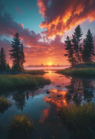 A stunning sunset over a misty island in North Dakota with fiery orange and red clouds reflecting in calm water, surrounded by dark silhouetted pine trees.