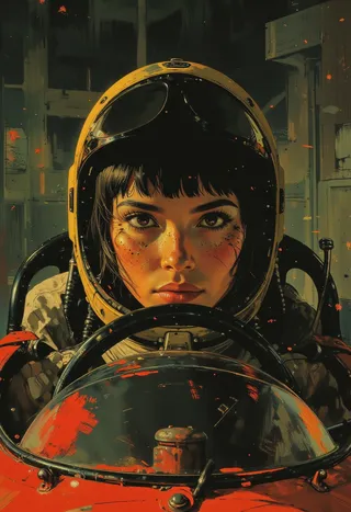 Closeup of a woman racer wearing a yellow helmet behind the steering wheel of a racing car, rendered in detailed digital artwork style.