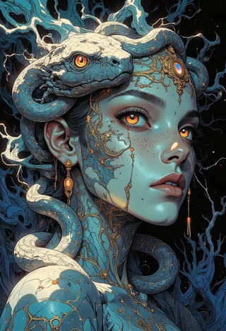 Digital artwork of an ethereal woman with a surreal serpentine silver headdress entwining her head and neck, featuring glowing golden accents and intricate ornamental details in the style of Mat Miller.