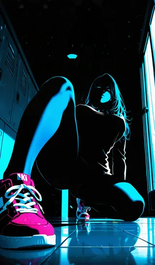Silhouette of a woman kneeling on a shiny school floor, illuminated by strong blue light from one side, wearing bright pink sneakers with white laces, viewed from below.