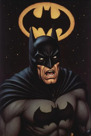 Painting of Batman shouting angrily with the bat signal glowing in the dark night sky behind him, rendered in hansho1 style.