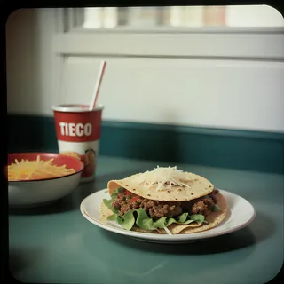 Analog film style photo of a taco with ground beef, lettuce, tomatoes, and cheese on a plate at a fast food table with a drink cup and bowl of shredded cheese
