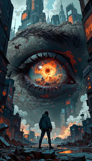 A man stands in a ruined cityscape beneath a massive human eye in the sky, whose iris is a glowing nuclear explosion reflecting a dystopian world filled with advanced robots and digital holograms.