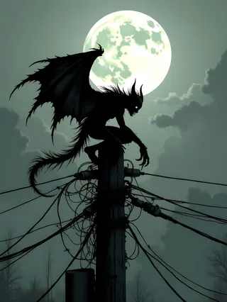 A menacing, inky black silhouetted figure with tattered wings crouches atop a weathered utility pole, backlit by a bright full moon in a gloomy, cloudy night sky.