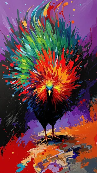 Abstract painting of a capercaillie with a dramatic spread of vibrant, multicolored feathers in red, green, and blue hues against a purple and ochre background.