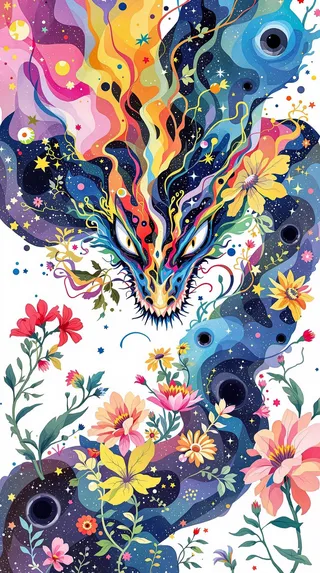 A vibrant, psychedelic dragon-like serpent emerging from a galactic background filled with colorful flowers and swirling patterns on a white backdrop.