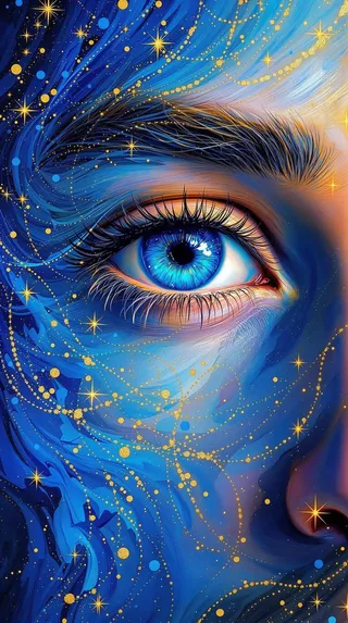 A captivating blue eye surrounded by swirling abstract patterns of deep sapphire and cerulean blue, with golden flecks and shimmering textures resembling water and starlight.