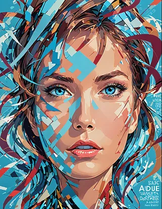 A detailed typographic art portrait of a female with striking blue eyes and stylized facial features set against an abstract blue and mahogany background with dynamic calligraphic elements.