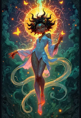 A powerful depiction of Durga floating in a cosmic dance wearing flowing white robes surrounded by glowing butterflies, with an ethereal aura and dreamlike textures.