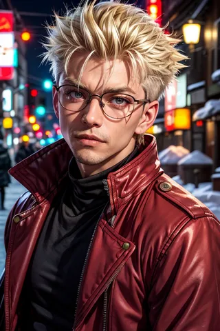 Portrait of Vash from Trigun in a red trench coat and round glasses, with platinum blonde spikey hair, standing near a Tokyo bar at night in winter with neon lights.