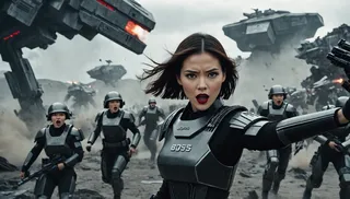 Vietnamese German girl in Hugo Boss inspired Starship Troopers armor leading mech troopers on a smoky battlefield with a brutalist spaceship in the background
