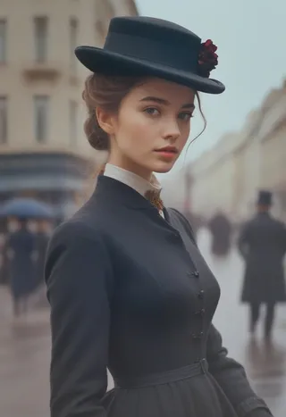 Highly detailed realistic portrait of a young woman in 19th century formal black dress and black hat with a red flower, standing in foggy Piccadilly Circus.