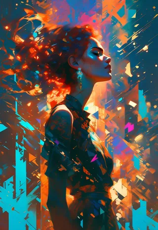 Profile of a dangerously beautiful girl with glowing blue skin standing amidst vibrant abstract explosions of orange and blue paint, with dynamic lighting and surreal colors.