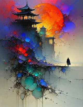 A lush fantasy landscape featuring a silhouette of a person near a traditional pagoda against a large, vivid, bursting orange sun with fractal-style colorful spheres in hyper detail.