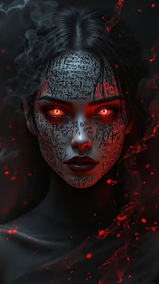 A hyper-realistic portrait of a mysterious woman with glowing crimson eyes, dark swirling inscriptions on her face, set against a smoky black and red background.